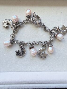 Moon & Pearl Charm Bracelet — White Pearls